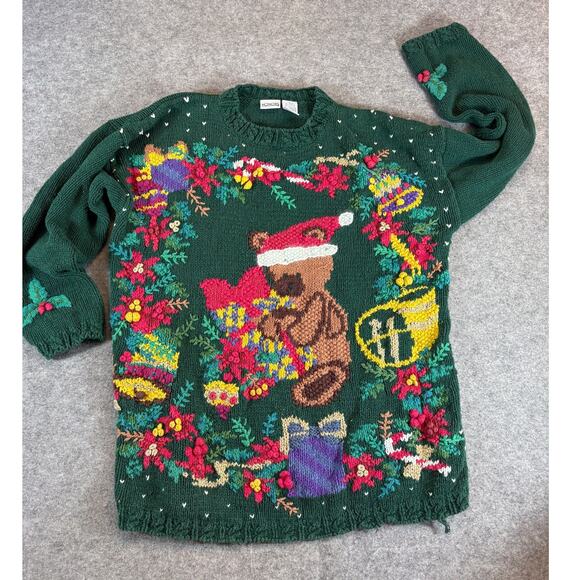 VINTAGE 90s Honors Christmas Sweater Womens Large Green Teddy Bear Holiday Knit - Picture 4 of 5